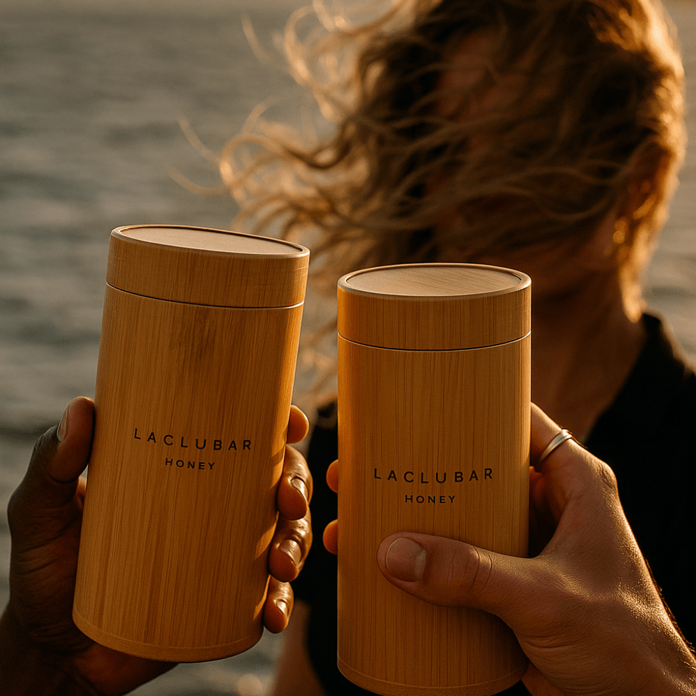 Laclubar Honey vessels held in warm golden light