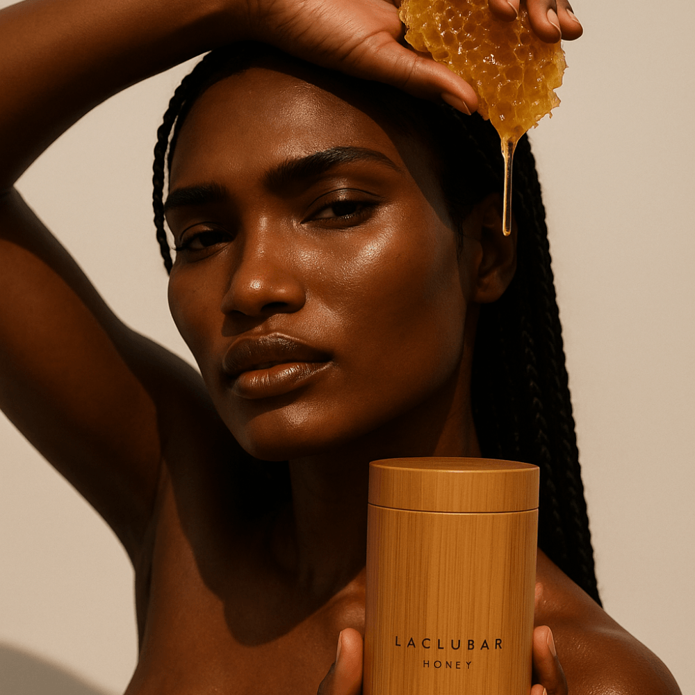 Laclubar Honey and raw honeycomb in an editorial portrait