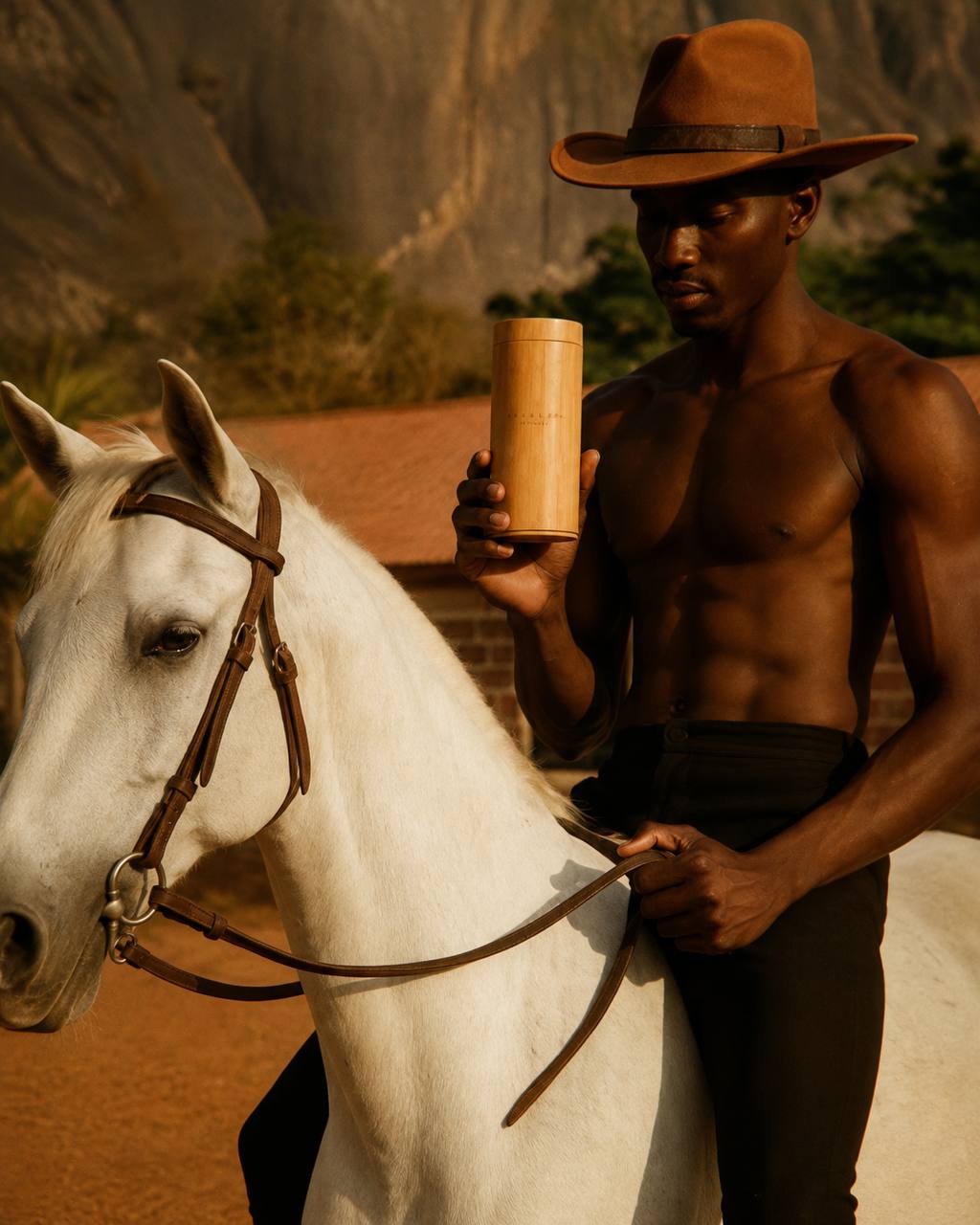 Laclubar Honey rider on horseback holding the signature bamboo vessel