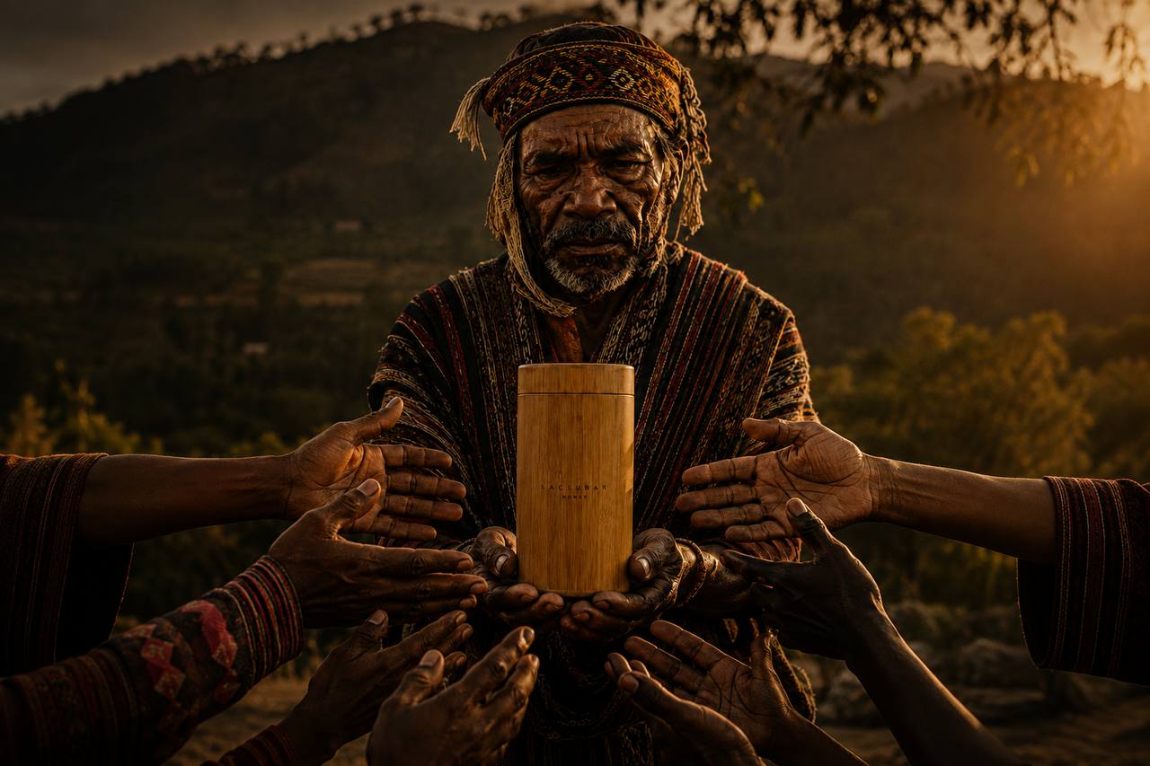 The original Laclubar hero: an elder holding the bamboo honey vessel